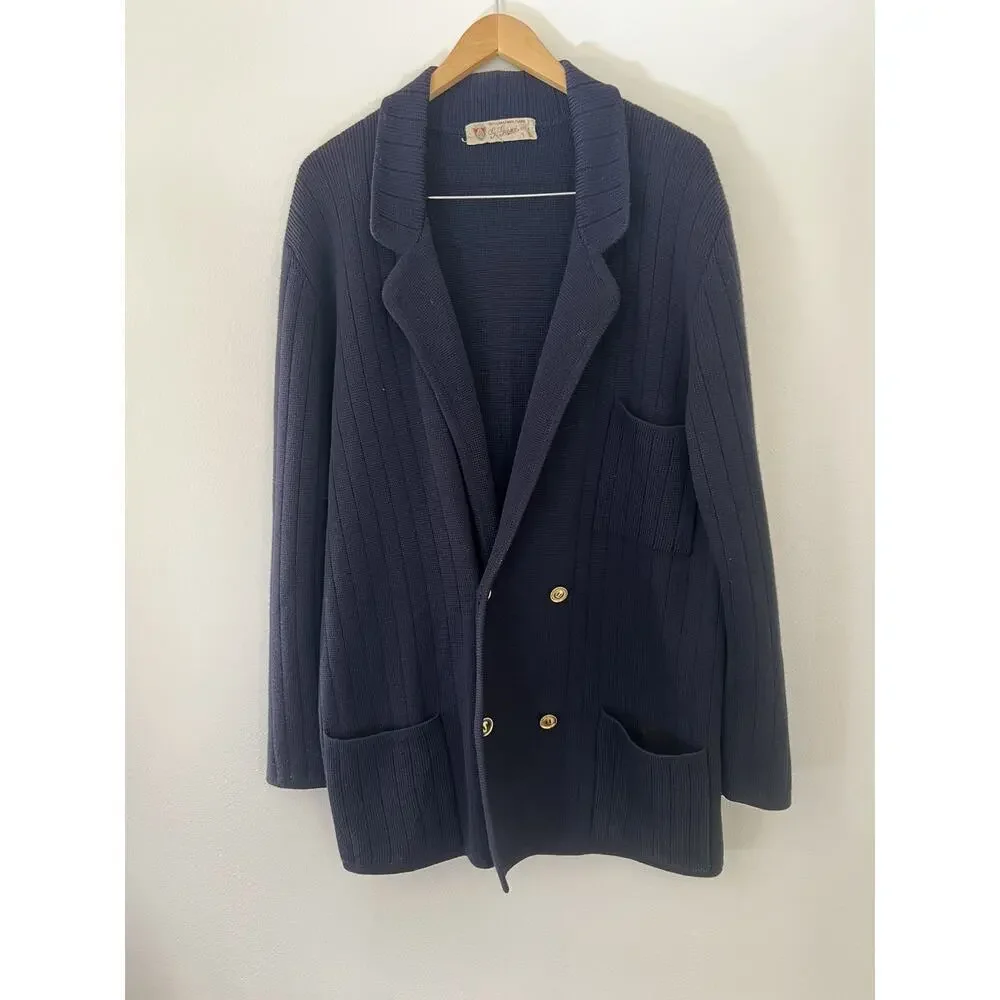 Vintage Navy Blue GUCCI Wool Double Breasted Knit Men Cardigan Sweater 50s 60's